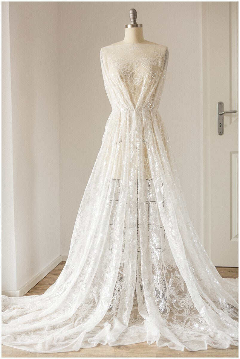 Glitter lace fabric with sequins/ Chantilly base bridal lace fabric/ Off-White lace/ French lace fabric// L17-115