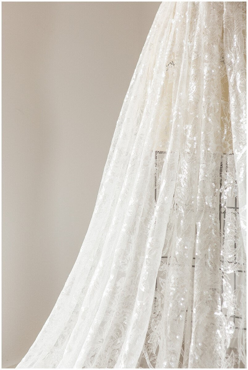 Glitter lace fabric with sequins/ Chantilly base bridal lace fabric/ Off-White lace/ French lace fabric// L17-115