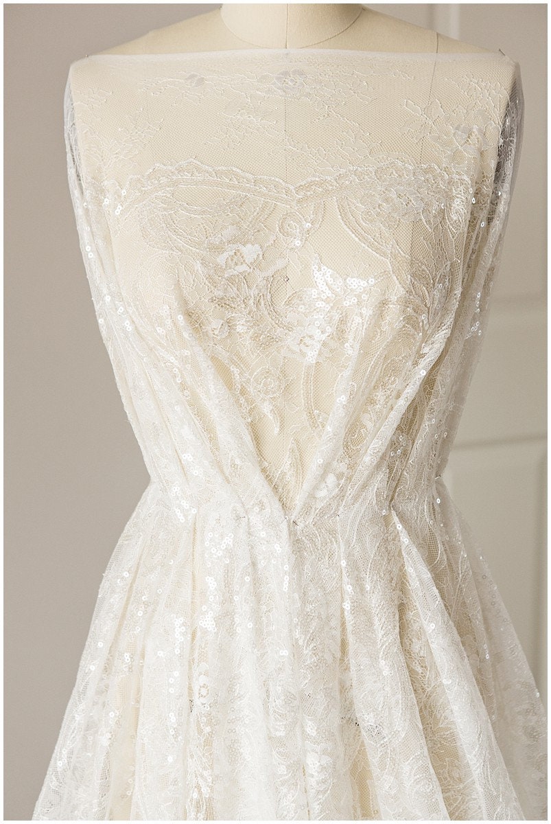 Glitter lace fabric with sequins/ Chantilly base bridal lace fabric/ Off-White lace/ French lace fabric// L17-115