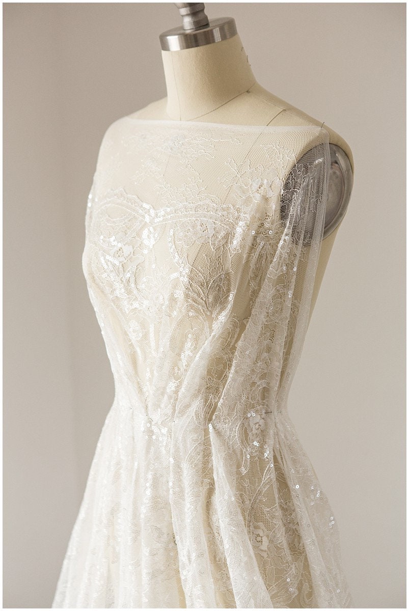 Glitter lace fabric with sequins/ Chantilly base bridal lace fabric/ Off-White lace/ French lace fabric// L17-115