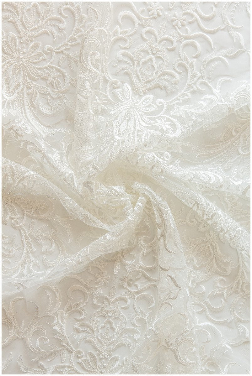Very soft decorated lace fabric for wedding dresses, bridal lace fabric, wedding dress lace fabric, lace fabric, floral lace// L17-125