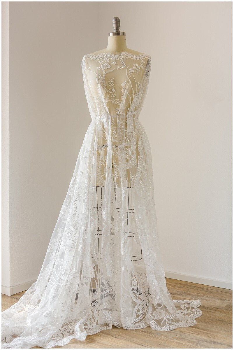Moderner Braut Spitzenstoff Off-White/ bestickte Boho Spitze/ Hochzeitskleid Spitzenstoff/ Blumenspitze mit Pailletten// L17-129