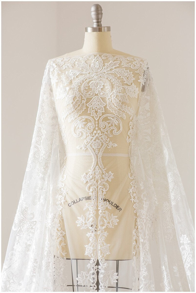 Bestickter Spitzenstoff Off-White/ Boho Brautkleid Spitzenstoff/ bestickte Spitze/ Ornament Brautspitze/ florale Spitze// L17-133