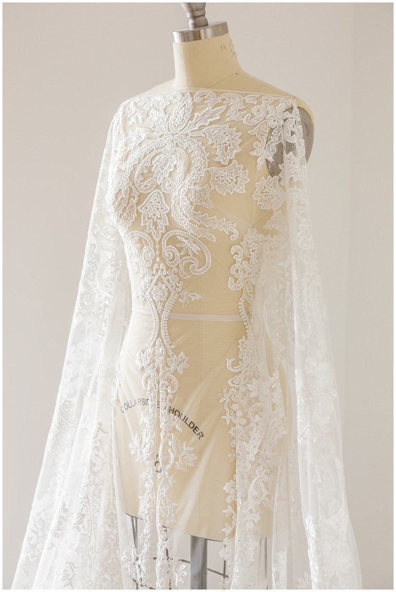 Bestickter Spitzenstoff Off-White/ Boho Brautkleid Spitzenstoff/ bestickte Spitze/ Ornament Brautspitze/ florale Spitze// L17-133