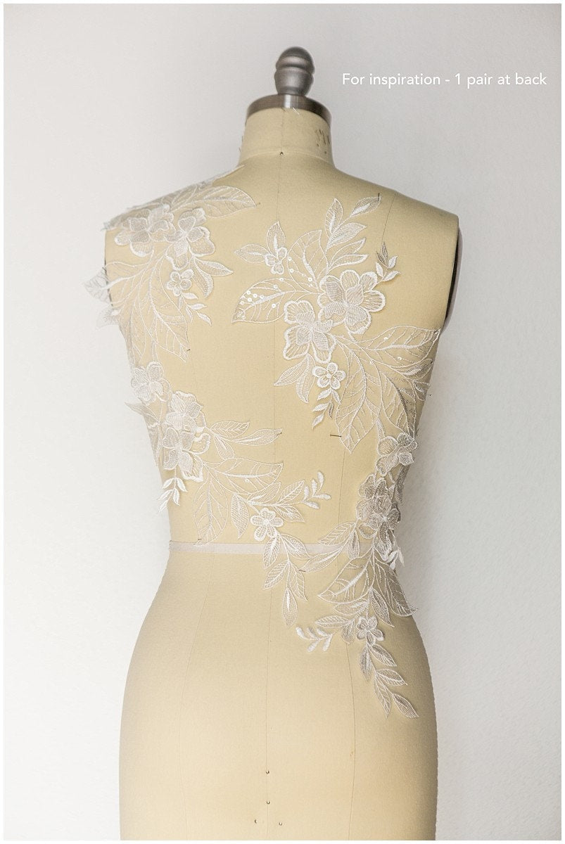 2Stk. 3D Gespiegelte Hochzeitskleid Applikation, Große Spitzen Applikation, Blumen Applikation, große Spitze Blume, Illusion Back Lace, Lace Patch// A17-129
