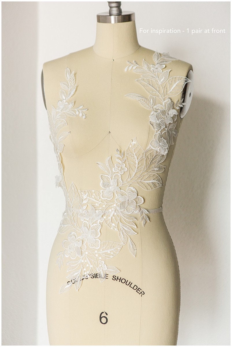 2Stk. 3D Gespiegelte Hochzeitskleid Applikation, Große Spitzen Applikation, Blumen Applikation, große Spitze Blume, Illusion Back Lace, Lace Patch// A17-129