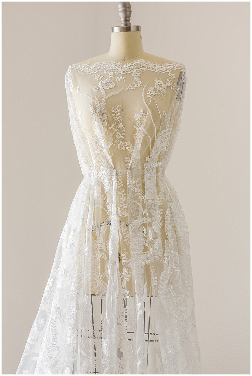 Moderner Braut Spitzenstoff Off-White/ bestickte Boho Spitze/ Hochzeitskleid Spitzenstoff/ Blumenspitze mit Pailletten// L17-129