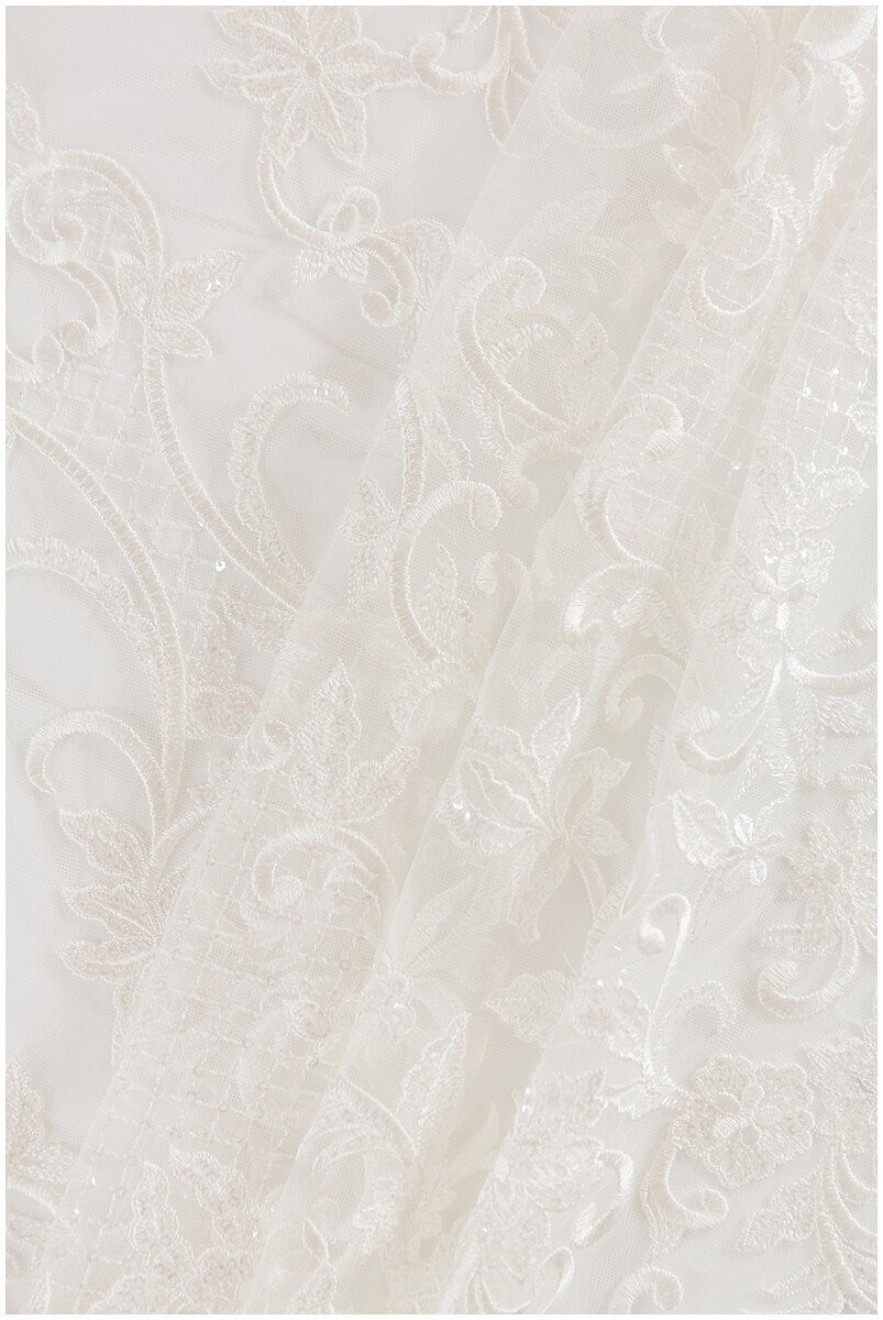 Romantic lace fabric off-white/ modern bridal lace fabric/ embroidered lace/ floral bridal lace/ ornament bridal lace fabric// L17-134