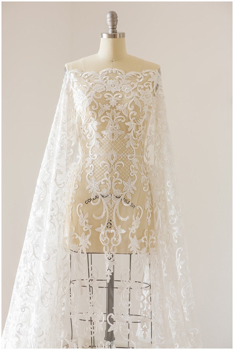 Romantic lace fabric off-white/ modern bridal lace fabric/ embroidered lace/ floral bridal lace/ ornament bridal lace fabric// L17-134