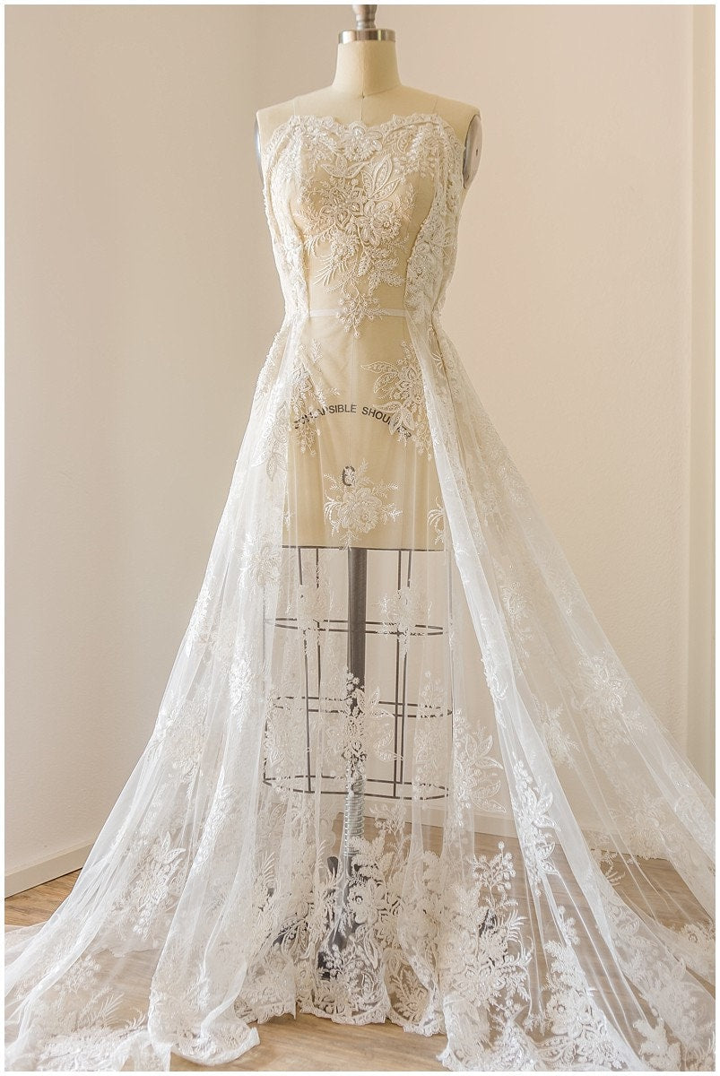 Schwere Perlen Brautspitzenstoff Off-White/ Perlen Spitze Stoff für Brautkleider/ Perlenspitzenstoff/ Blumen Spitze// L17-143