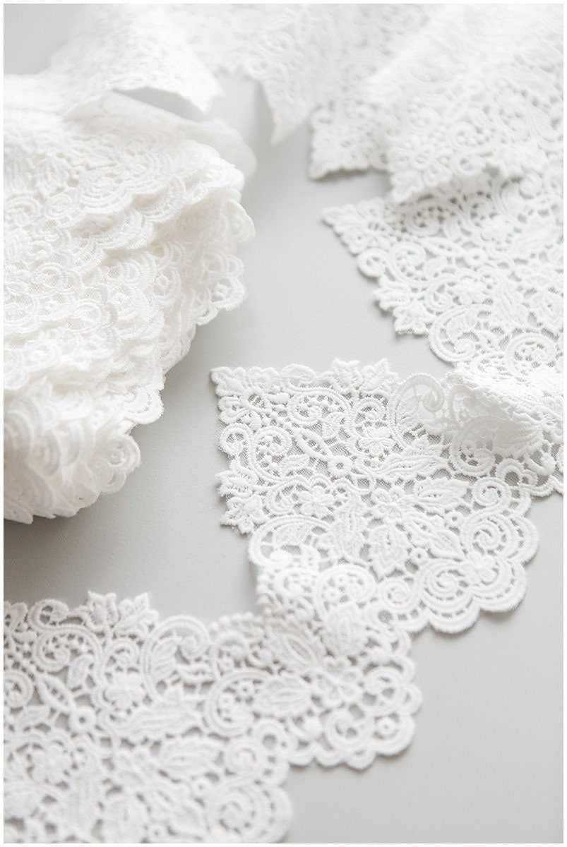 Milk silk embroidered lace trim/ elegant bridal lace trim/ off-white lace trim/ guipure look lace/ wedding dress lace trim// T17-057