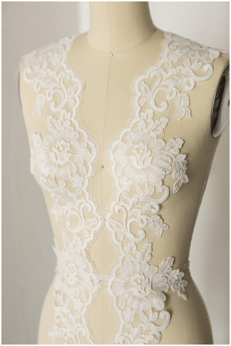 2yds milk silk embroidered lace trim/ elegant bridal lace off-white/ wedding dress lace trim// T17-058