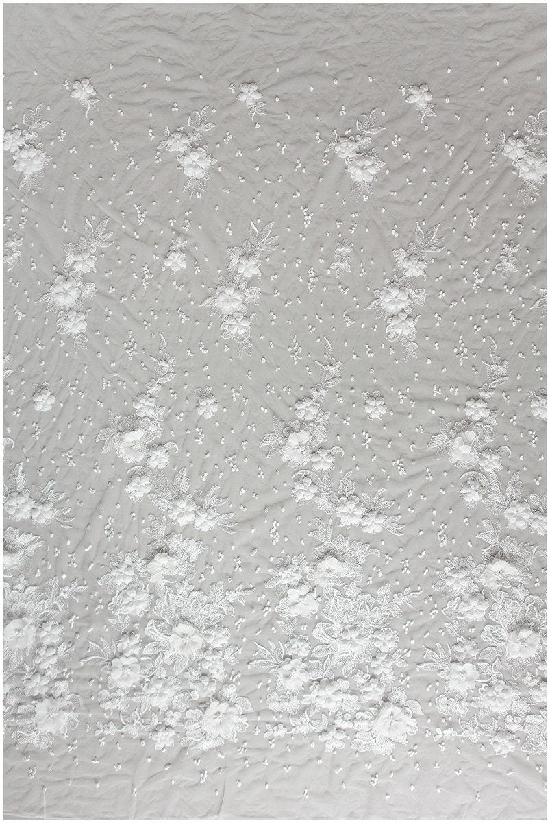Weiche 3D-Blütenspitze/ 3D Perlenspitze/ Braut Spitzenstoff Off-White/ Brautkleid Spitze/ Couture Spitze/ Perlenspitze// L17-151