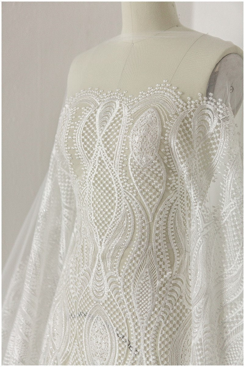 Braut Spitzenstoff Off-White/ Hochzeitskleid Spitze/ moderne geometrische Spitze/ Boho Hochzeitskleid/ Boho Spitze// L17-166