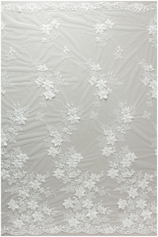 3D flower lace fabric with pearls/ wedding dress lace off-white/ soft 3D lace fabric/ sequin lace fabric// L17-167