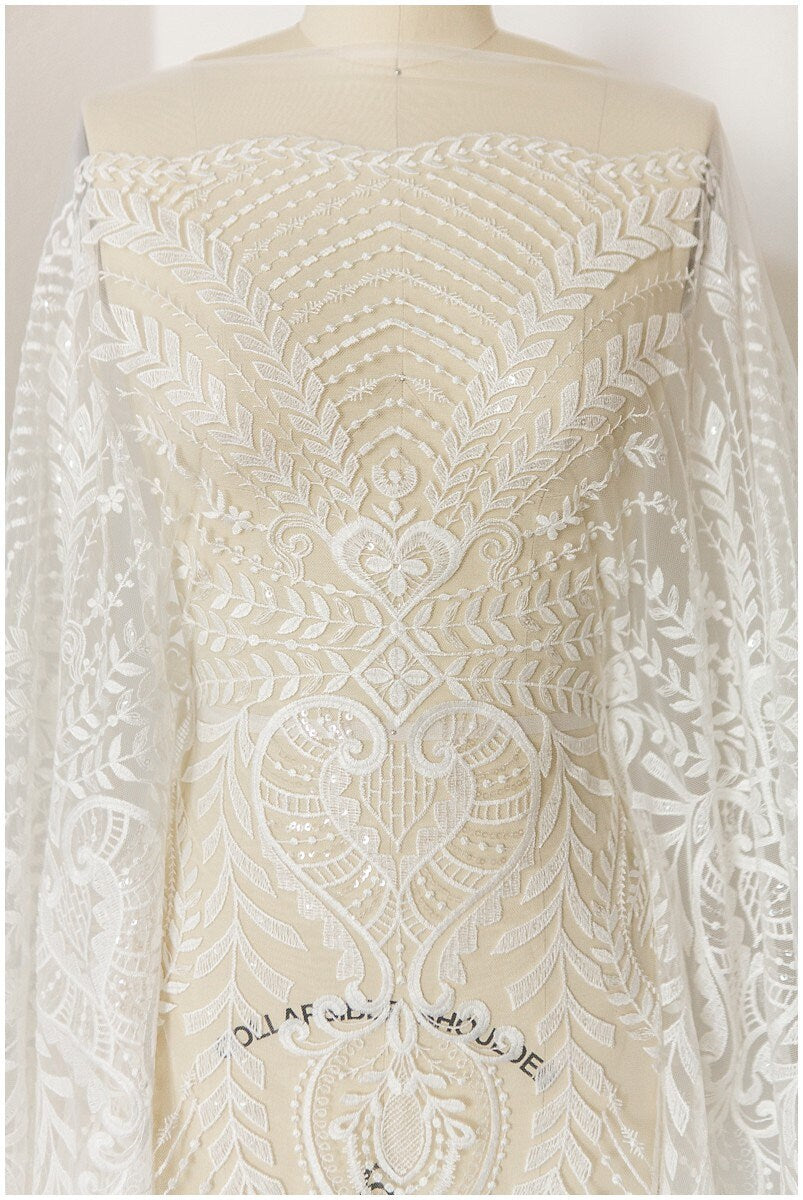Soft embroidered boho lace fabric/ wedding lace fabric off-white/ boho wedding dress/ bridal lace fabric/ vintage lace// L17-173