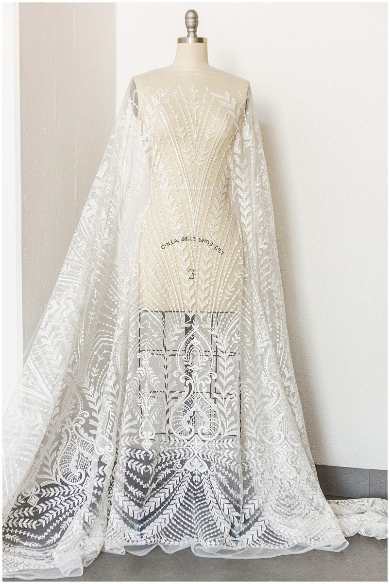 Soft embroidered boho lace fabric/ wedding lace fabric off-white/ boho wedding dress/ bridal lace fabric/ vintage lace// L17-173