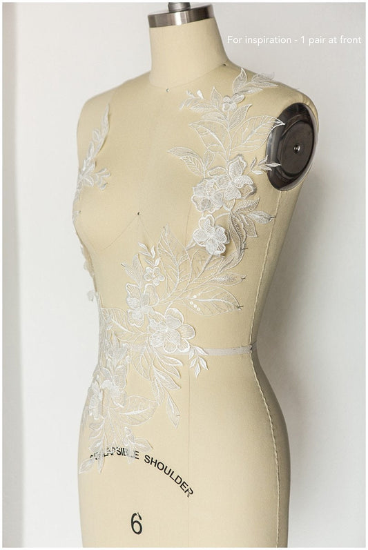 2Stk. 3D Gespiegelte Hochzeitskleid Applikation, Große Spitzen Applikation, Blumen Applikation, große Spitze Blume, Illusion Back Lace, Lace Patch// A17-129