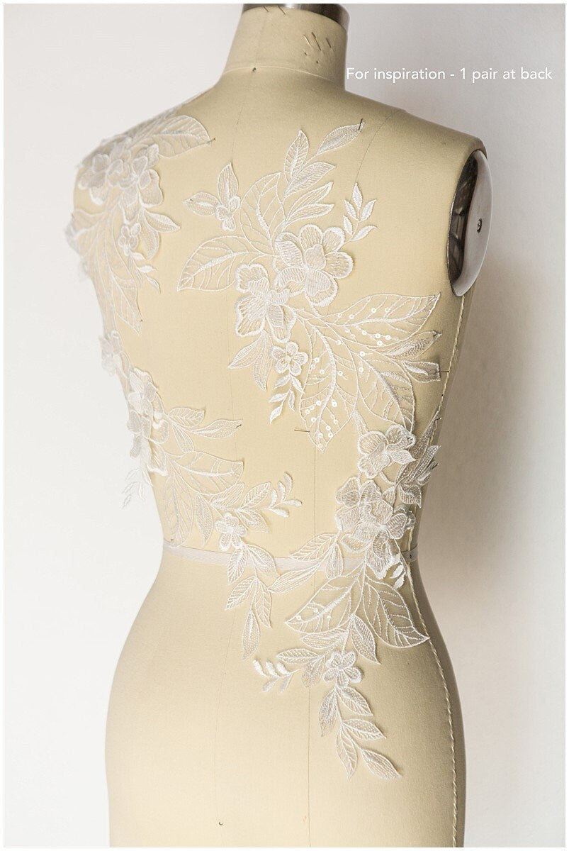 2Stk. 3D Gespiegelte Hochzeitskleid Applikation, Große Spitzen Applikation, Blumen Applikation, große Spitze Blume, Illusion Back Lace, Lace Patch// A17-129