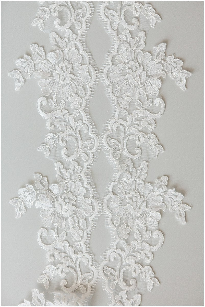 2yds milk silk embroidered lace trim/ elegant bridal lace off-white/ wedding dress lace trim// T17-058