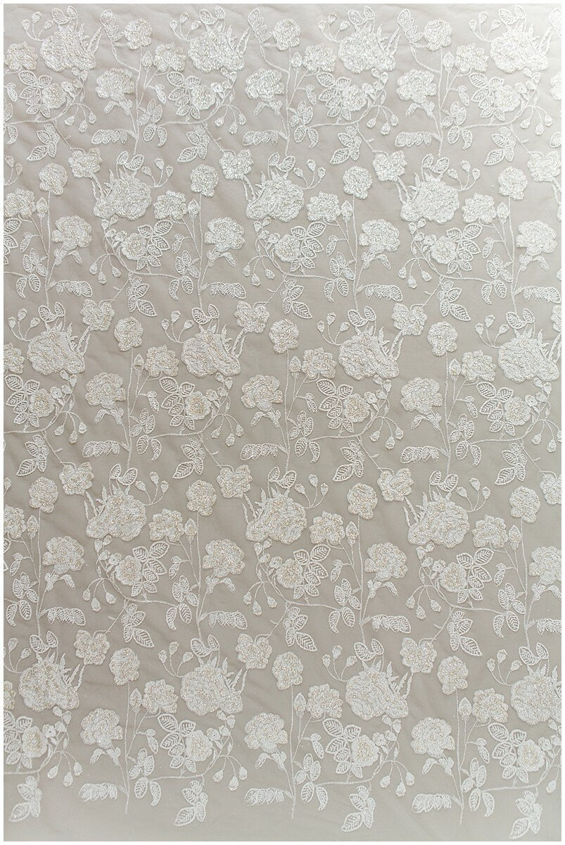 Floral Glitter Mesh Fabric/ Off-White Silver Glitter Tulle/ Wedding Dress Tulle Fabric/ Bridal Glitter Fabric// R-001