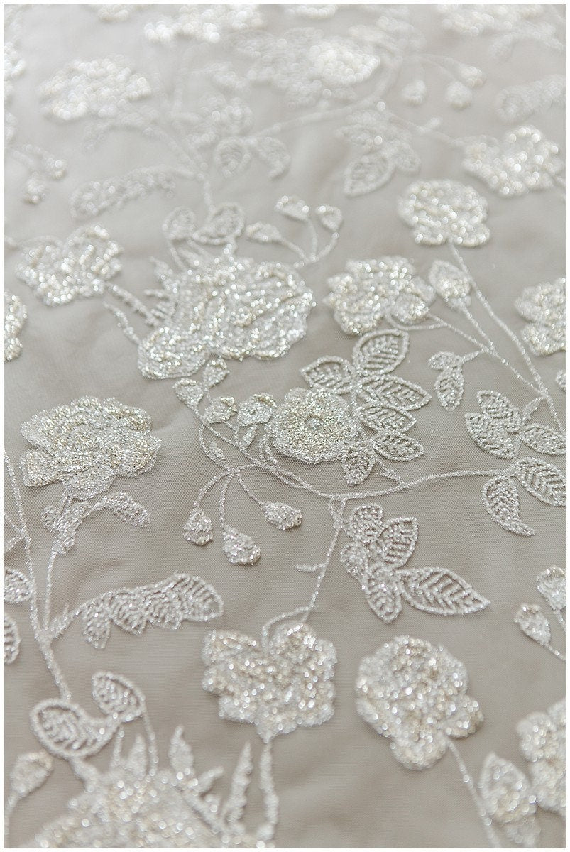 Floral Glitter Mesh Fabric/ Off-White Silver Glitter Tulle/ Wedding Dress Tulle Fabric/ Bridal Glitter Fabric// R-001