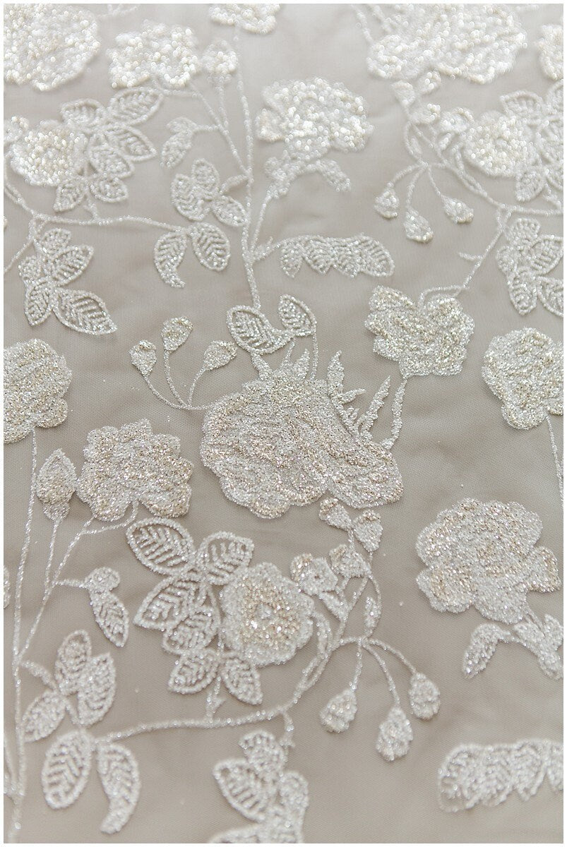 Floral Glitter Mesh Fabric/ Off-White Silver Glitter Tulle/ Wedding Dress Tulle Fabric/ Bridal Glitter Fabric// R-001