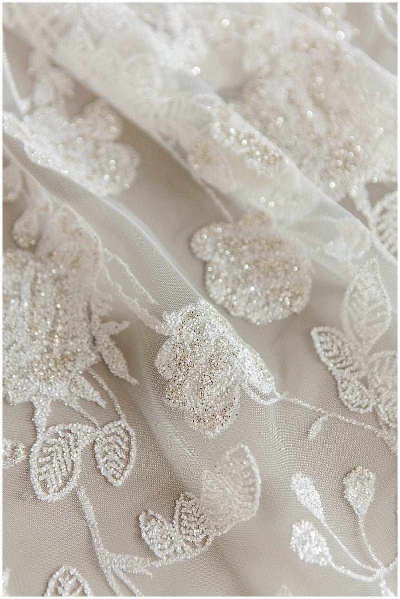 Floral Glitter Mesh Fabric/ Off-White Silver Glitter Tulle/ Wedding Dress Tulle Fabric/ Bridal Glitter Fabric// R-001