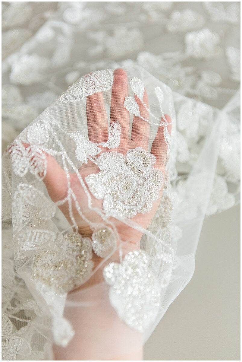 Floral Glitter Mesh Fabric/ Off-White Silver Glitter Tulle/ Wedding Dress Tulle Fabric/ Bridal Glitter Fabric// R-001