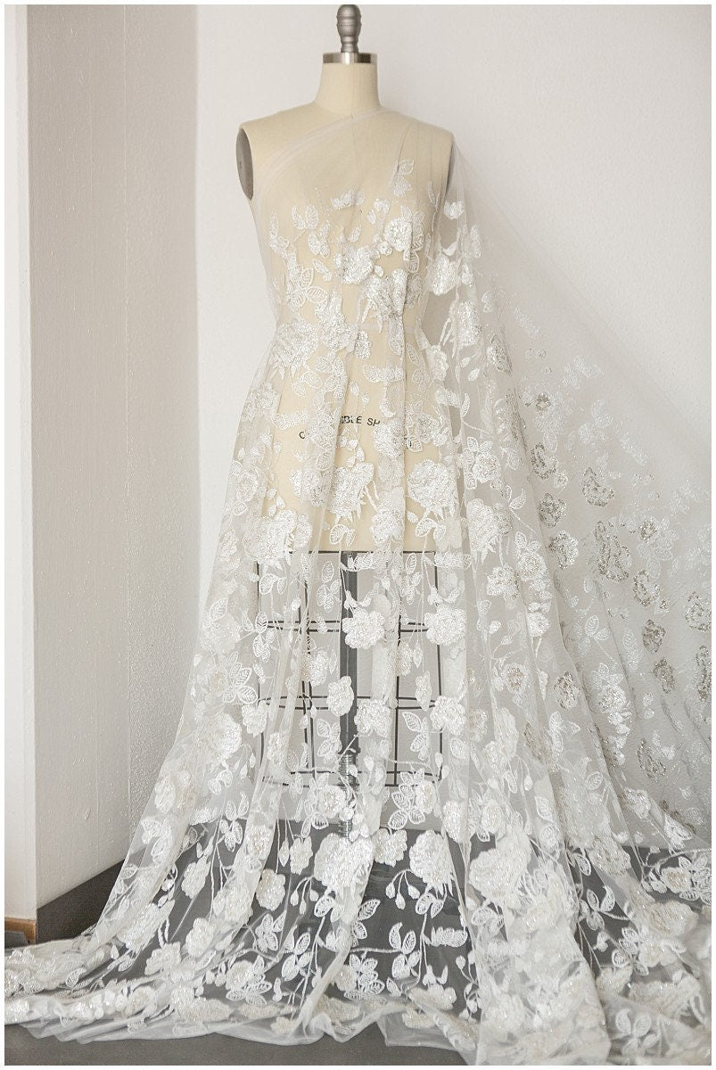 Floral Glitter Mesh Fabric/ Off-White Silver Glitter Tulle/ Wedding Dress Tulle Fabric/ Bridal Glitter Fabric// R-001