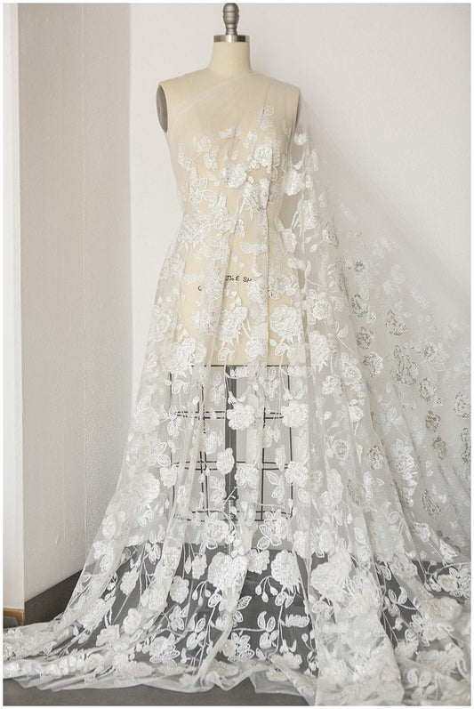 Blumen Glitzer Netzstoff/ Off-White Silber Glitzer Tüll/ Hochzeitskleid Tüll Stoff/ Braut Glitzer Stoff// R-001