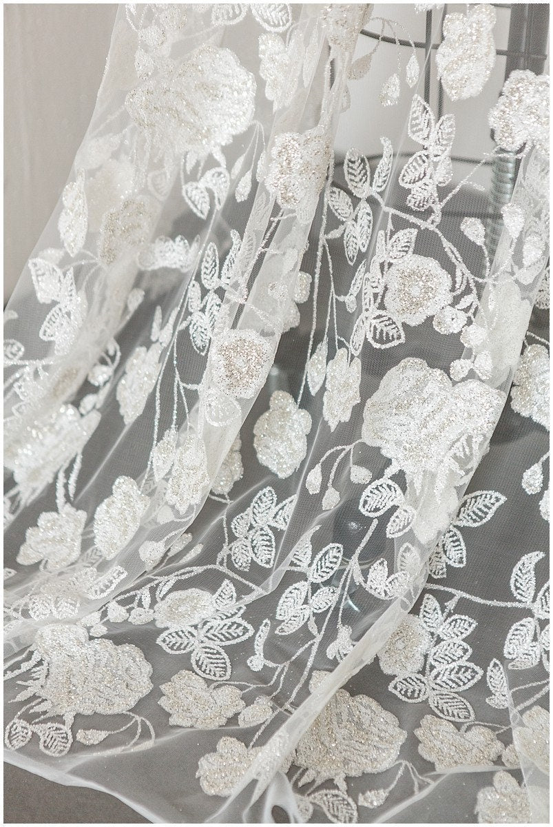 Floral Glitter Mesh Fabric/ Off-White Silver Glitter Tulle/ Wedding Dress Tulle Fabric/ Bridal Glitter Fabric// R-001