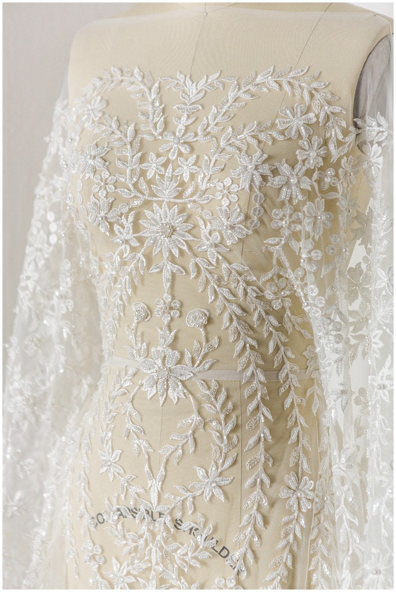 Handperlen Spitzenstoff, Brautkleid Stoff, Hochzeitskleid Tüll, Pallas Couture, Perlen Spitzenstoff, BlattSpitze Design// L17-181