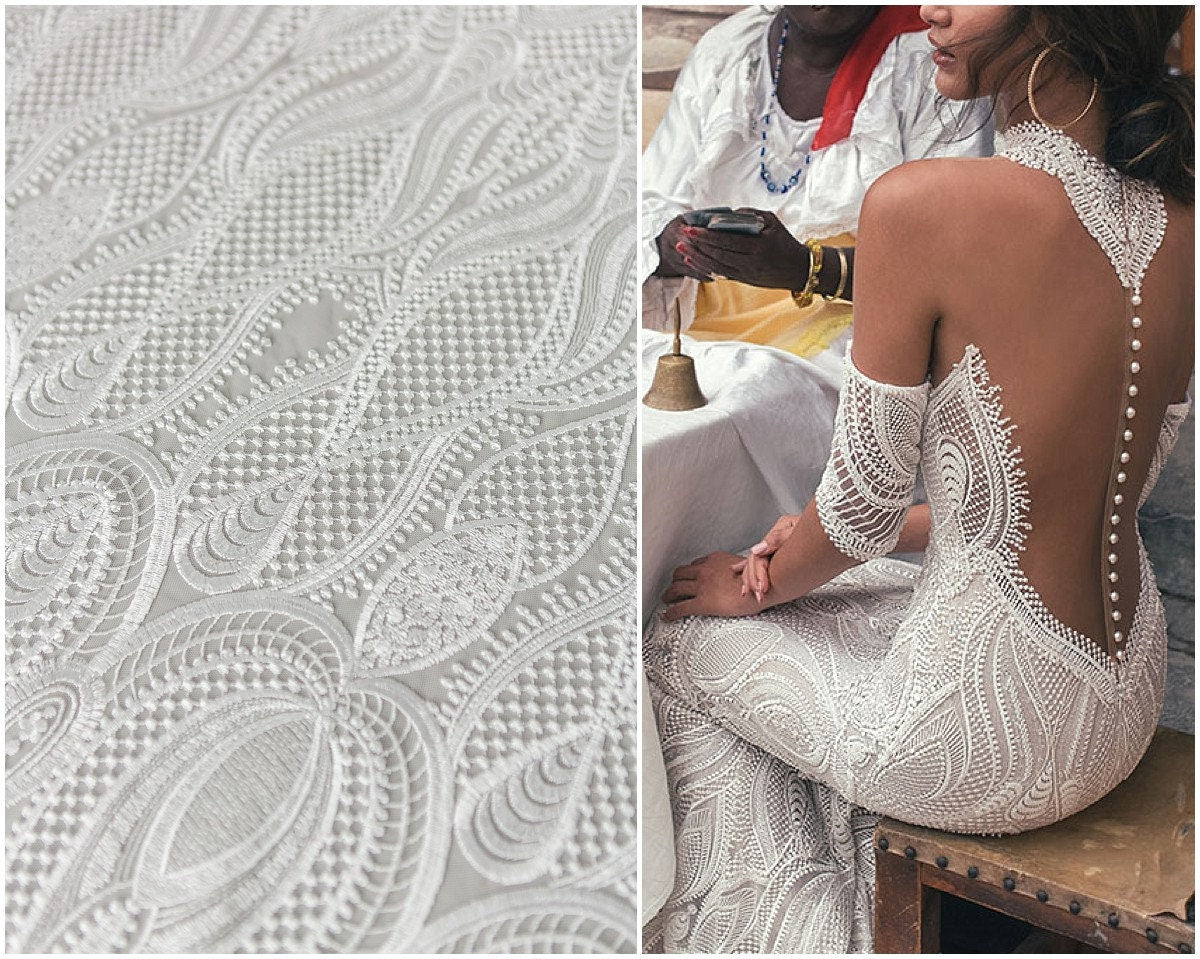 Braut Spitzenstoff Off-White/ Hochzeitskleid Spitze/ moderne geometrische Spitze/ Boho Hochzeitskleid/ Boho Spitze// L17-166