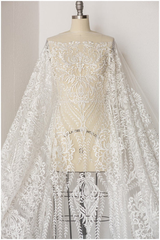 Wunderschöner Spitzenstoff Off-White/ Brautkleid Stoff/ Hochzeitskleid Tüll/ Couture/ Perlen Spitzenstoff/ Spitze Design// L17-182