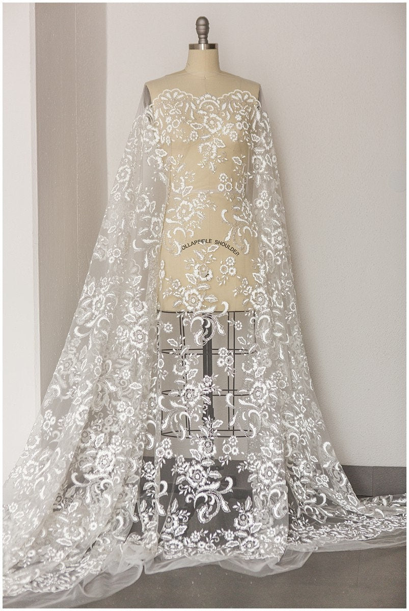 Shinebeads glitter fabric/ off-white silver glitter tulle/ flower pearl glitter tulle/ wedding dress tulle/ bridal glitter fabric// R-003