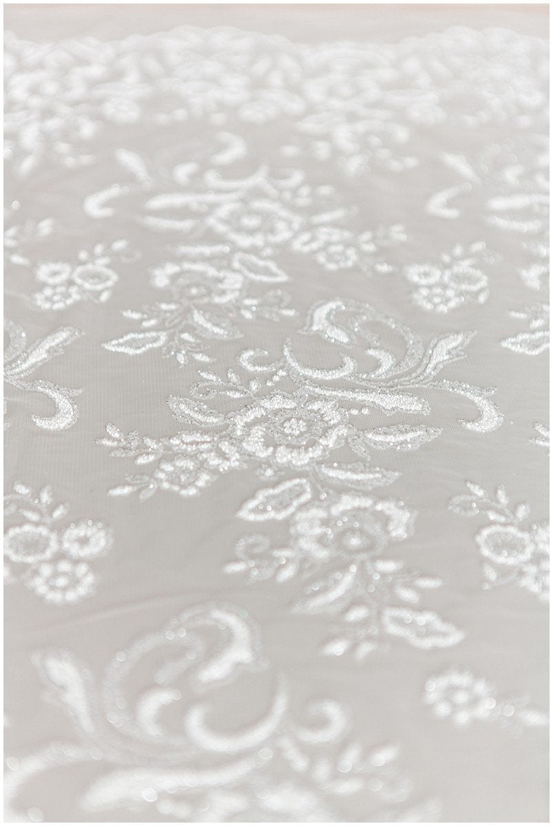 Shinebeads glitter fabric/ off-white silver glitter tulle/ flower pearl glitter tulle/ wedding dress tulle/ bridal glitter fabric// R-003
