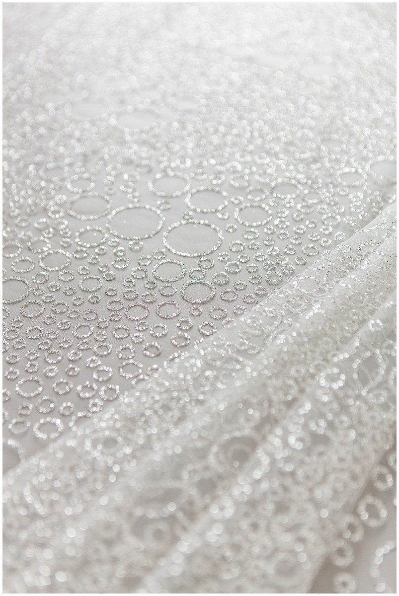 Bubble bubble pattern glitter fabric/ off-white silver glitter tulle/ wedding dress tulle/ bridal glitter fabric// R21-005