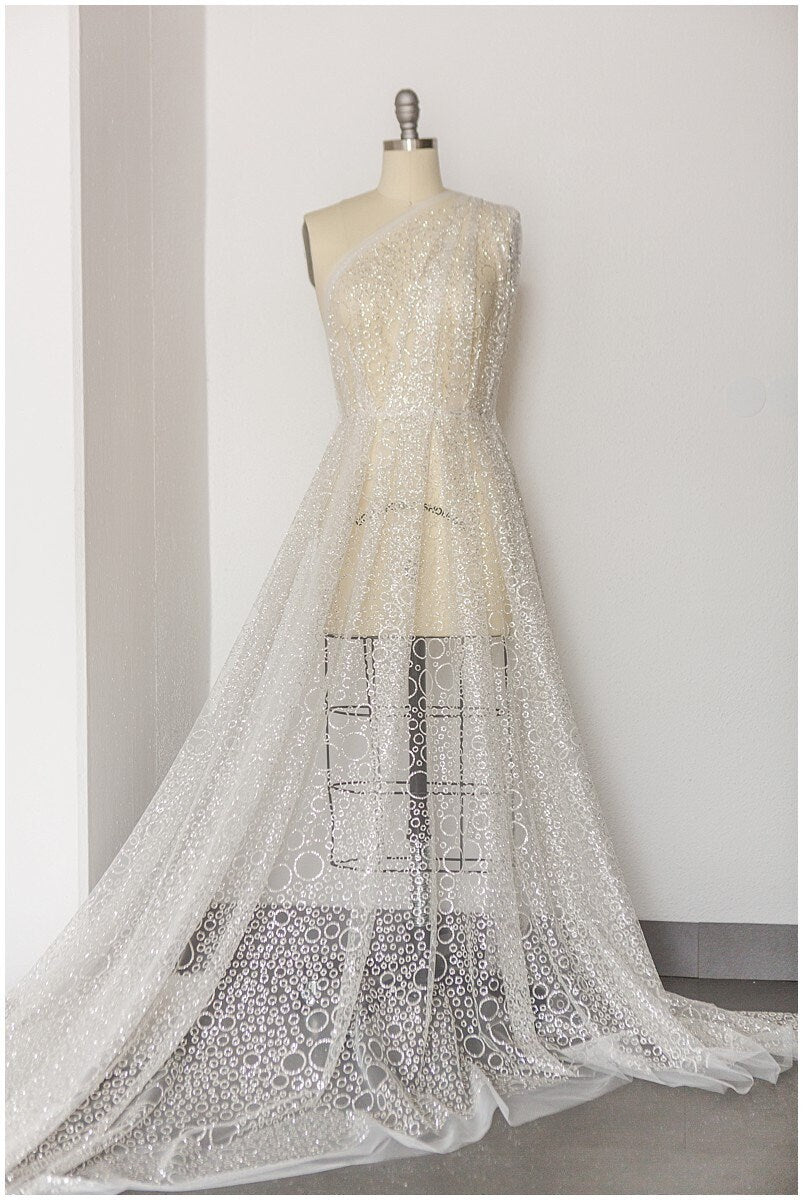 Bubble bubble pattern glitter fabric/ off-white silver glitter tulle/ wedding dress tulle/ bridal glitter fabric// R21-005