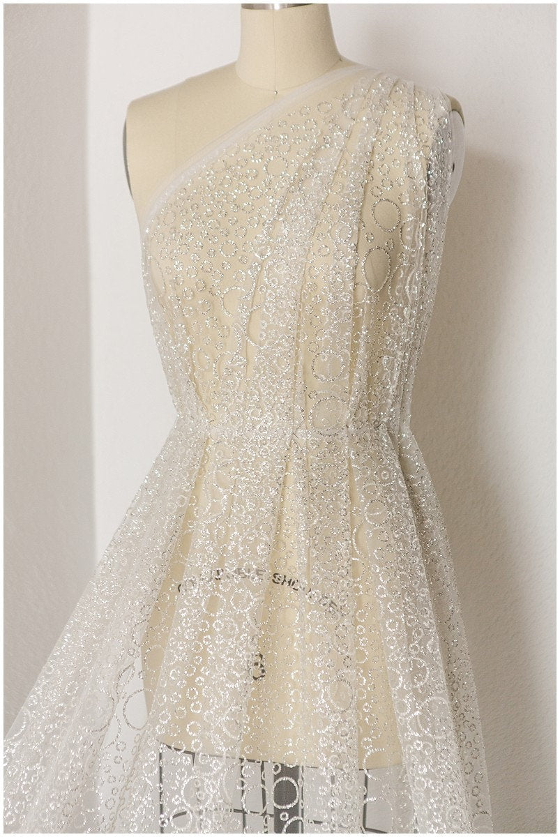 Bubble bubble pattern glitter fabric/ off-white silver glitter tulle/ wedding dress tulle/ bridal glitter fabric// R21-005