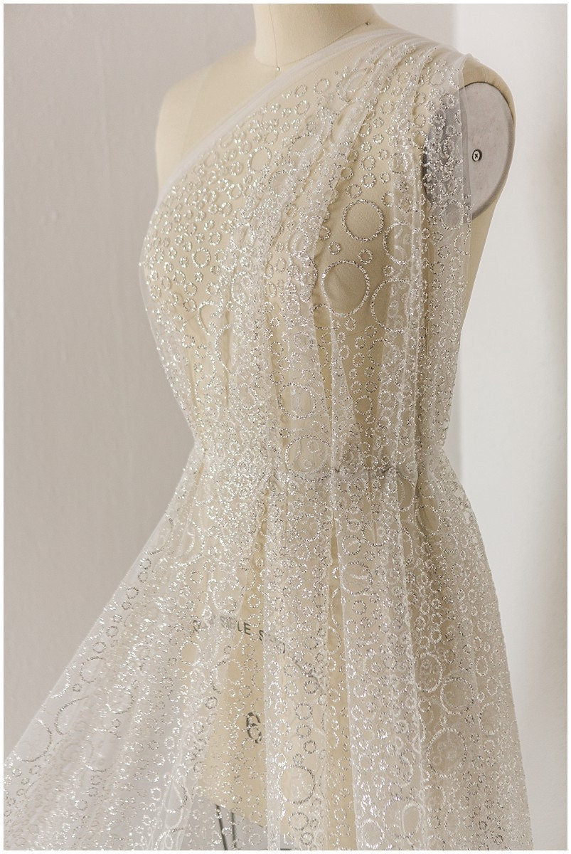 Bubble bubble pattern glitter fabric/ off-white silver glitter tulle/ wedding dress tulle/ bridal glitter fabric// R21-005