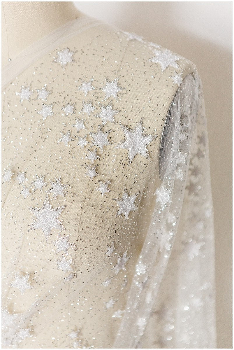 Stars glitter tulle/ off-white glitter tulle/ wedding dress tulle/ printed pearl tulle/ bridal glitter fabric// R-006