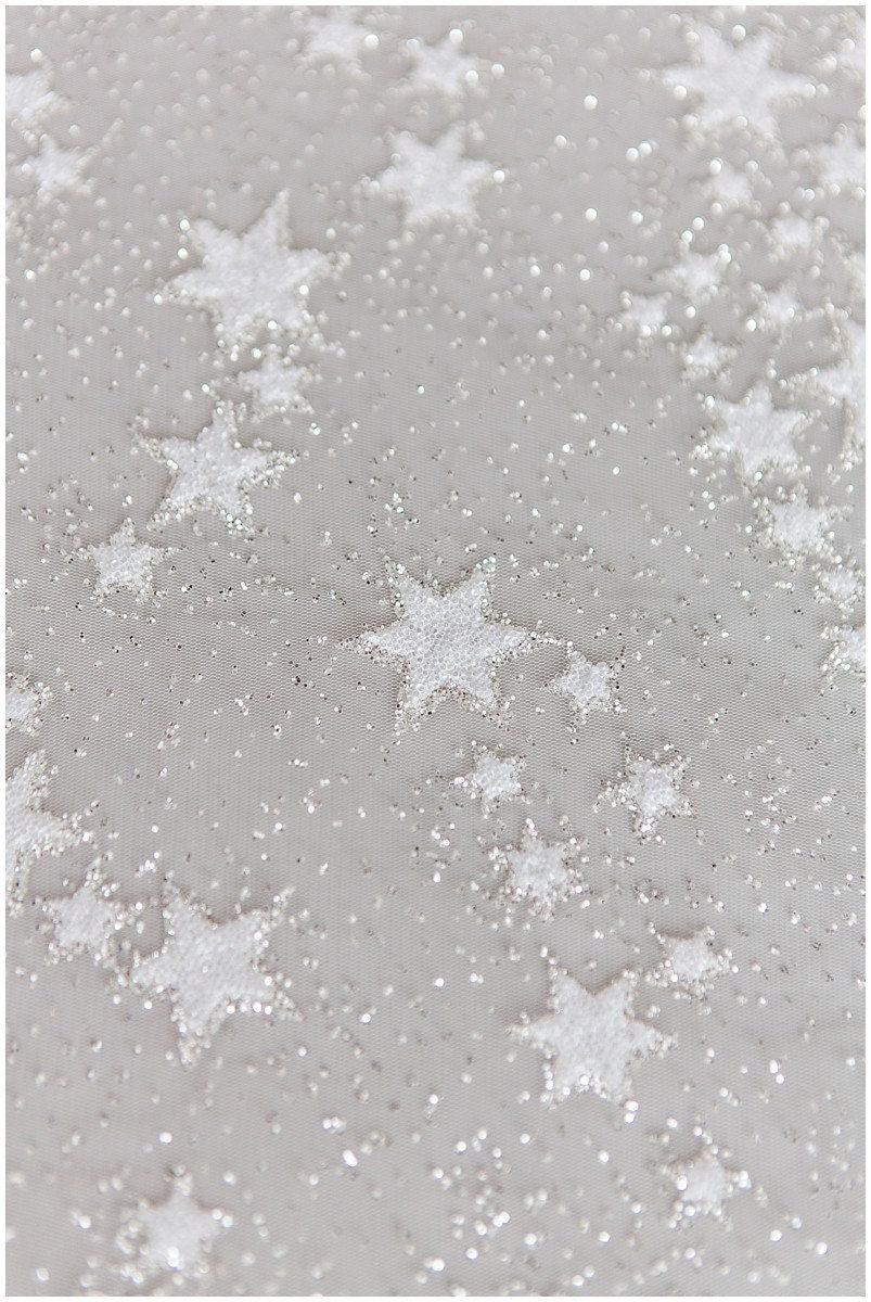 Stars glitter tulle/ off-white glitter tulle/ wedding dress tulle/ printed pearl tulle/ bridal glitter fabric// R-006