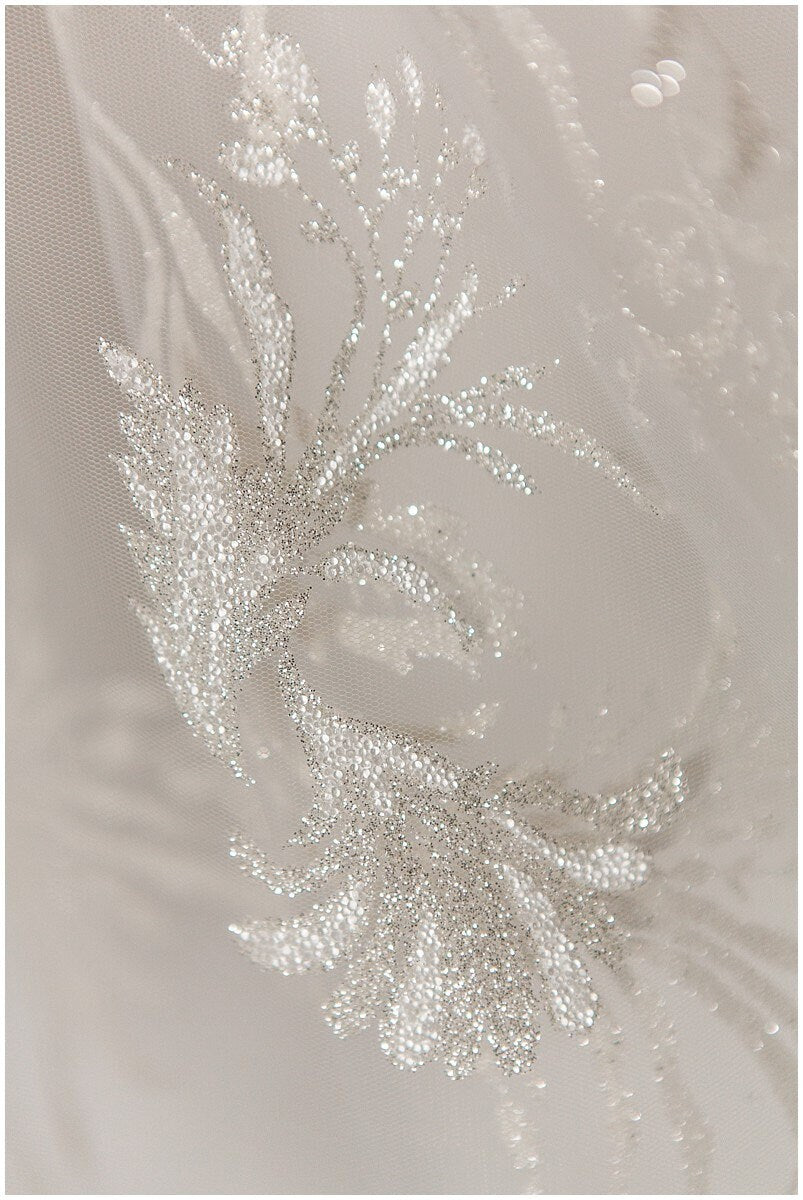 Romantic off-white silver glitter fabric/ floral glitter tulle/ wedding dress tulle/ glitter lace fabric// R-007