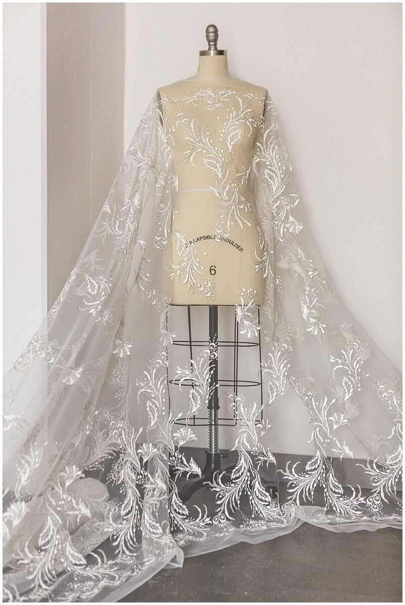 Romantic off-white silver glitter fabric/ floral glitter tulle/ wedding dress tulle/ glitter lace fabric// R-007