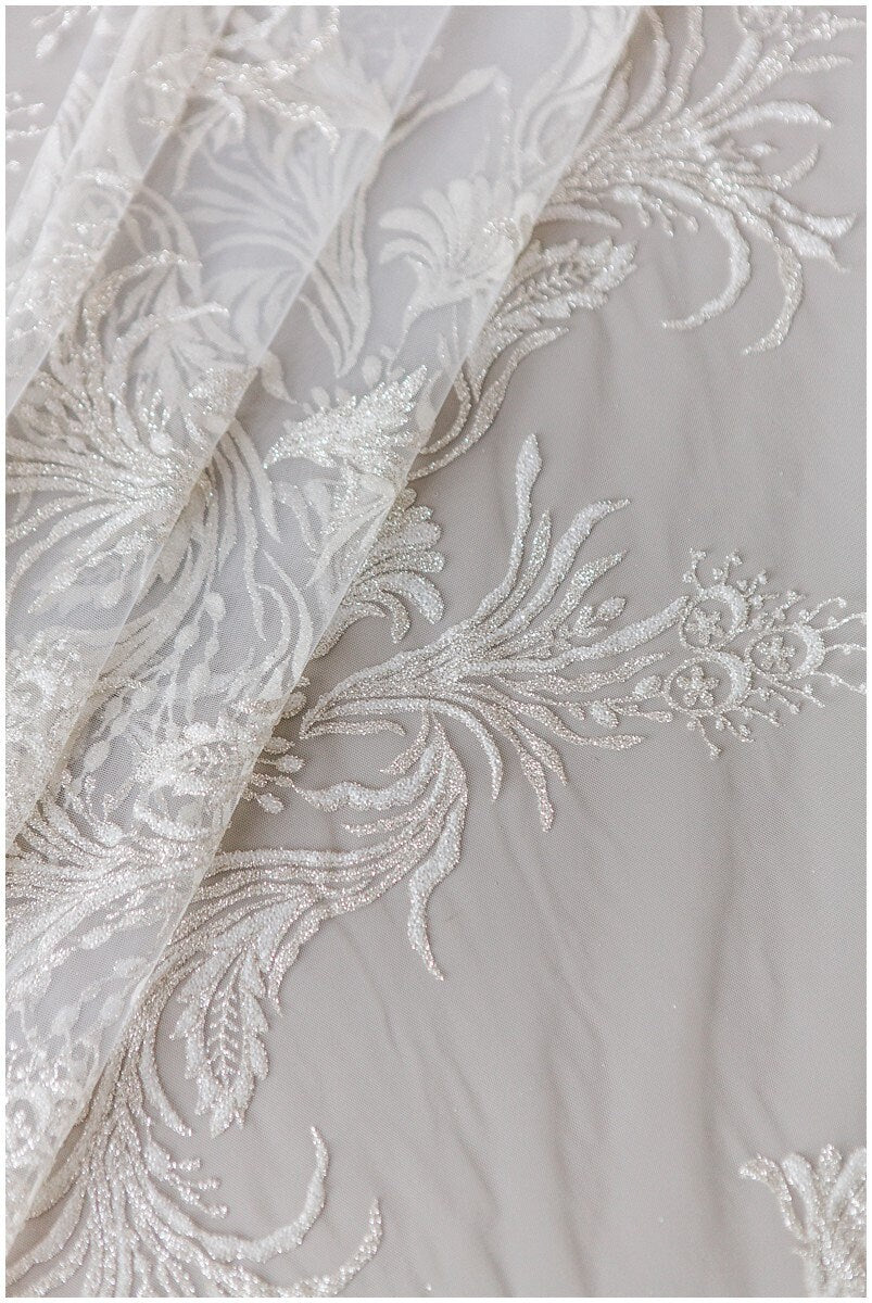 Romantic off-white silver glitter fabric/ floral glitter tulle/ wedding dress tulle/ glitter lace fabric// R-007