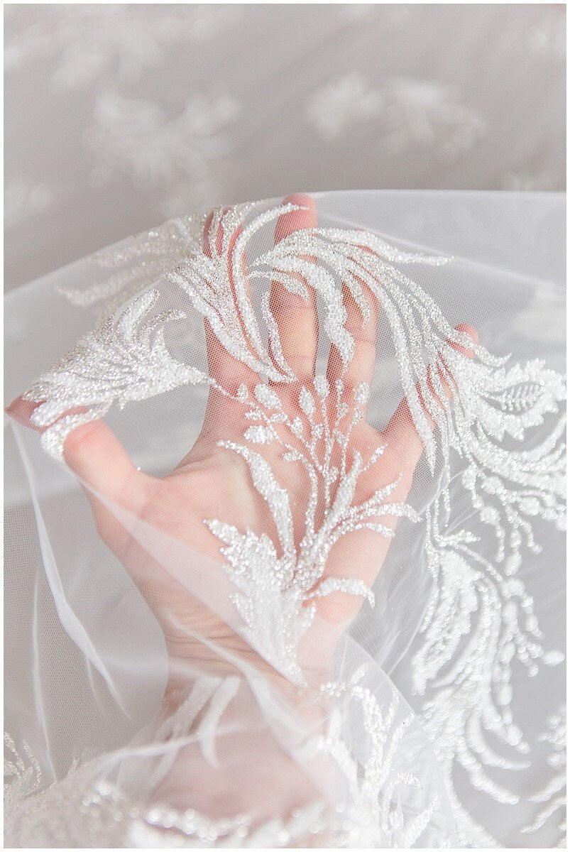 Romantic off-white silver glitter fabric/ floral glitter tulle/ wedding dress tulle/ glitter lace fabric// R-007