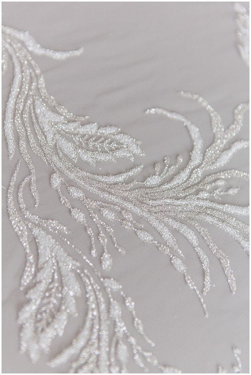 Romantic off-white silver glitter fabric/ floral glitter tulle/ wedding dress tulle/ glitter lace fabric// R-007