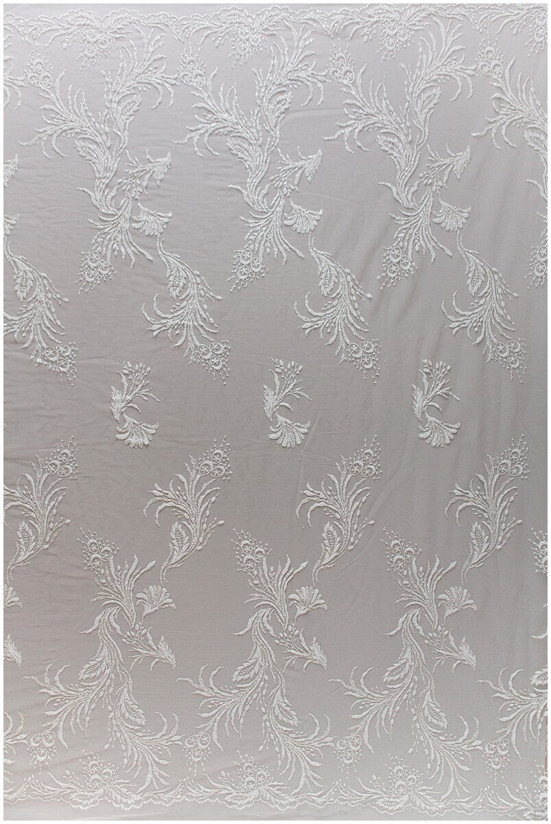 Romantic off-white silver glitter fabric/ floral glitter tulle/ wedding dress tulle/ glitter lace fabric// R-007
