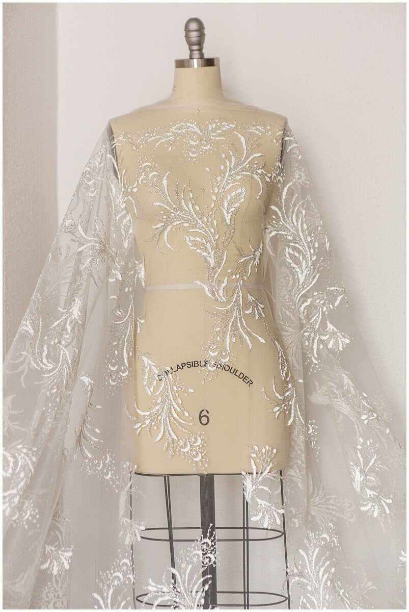 Romantic off-white silver glitter fabric/ floral glitter tulle/ wedding dress tulle/ glitter lace fabric// R-007